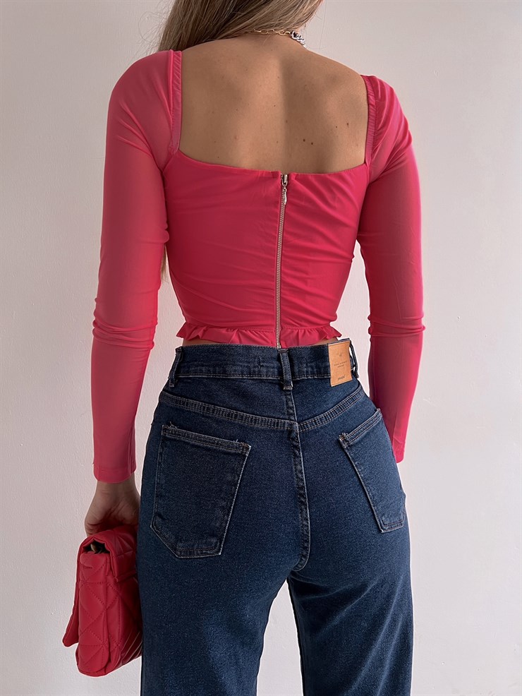 Etek Ve Göğüs Fırfır Detay Korse Lola Kadın Pembe Crop Bluz 22K000579