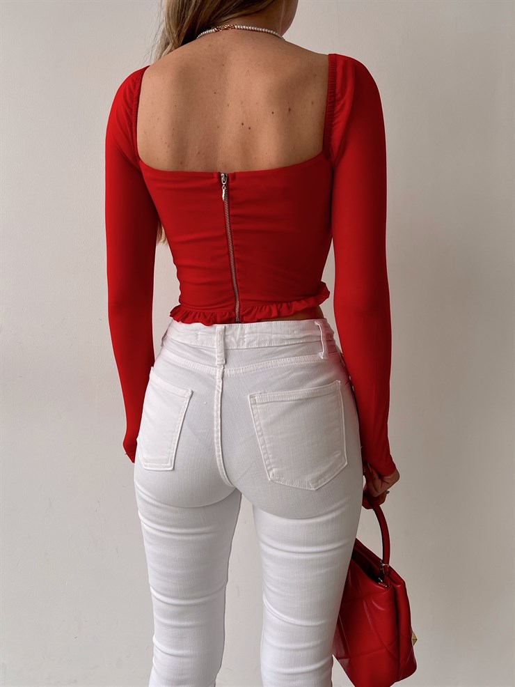 Etek Ve Göğüs Fırfır Detay Korse Lola Kadın Kırmızı Crop Bluz 22K000579