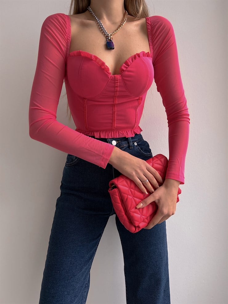 Etek Ve Göğüs Fırfır Detay Korse Lola Kadın Pembe Crop Bluz 22K000579