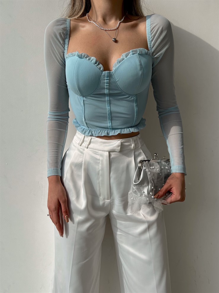 Etek Ve Göğüs Fırfır Detay Korse Lola Kadın Mavi Crop Bluz 22K000579