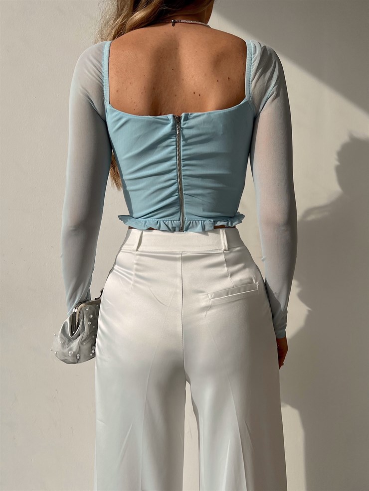 Etek Ve Göğüs Fırfır Detay Korse Lola Kadın Mavi Crop Bluz 22K000579