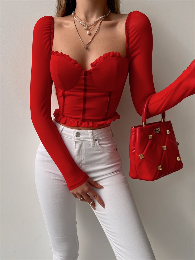 Etek Ve Göğüs Fırfır Detay Korse Lola Kadın Kırmızı Crop Bluz 22K000579