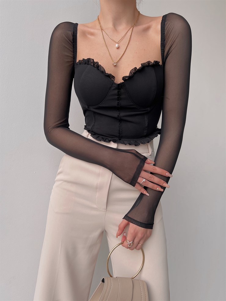 Etek Ve Göğüs Fırfır Detay Korse Lola Kadın Siyah Crop Bluz 22K000579