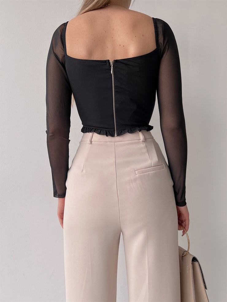 Etek Ve Göğüs Fırfır Detay Korse Lola Kadın Siyah Crop Bluz 22K000579