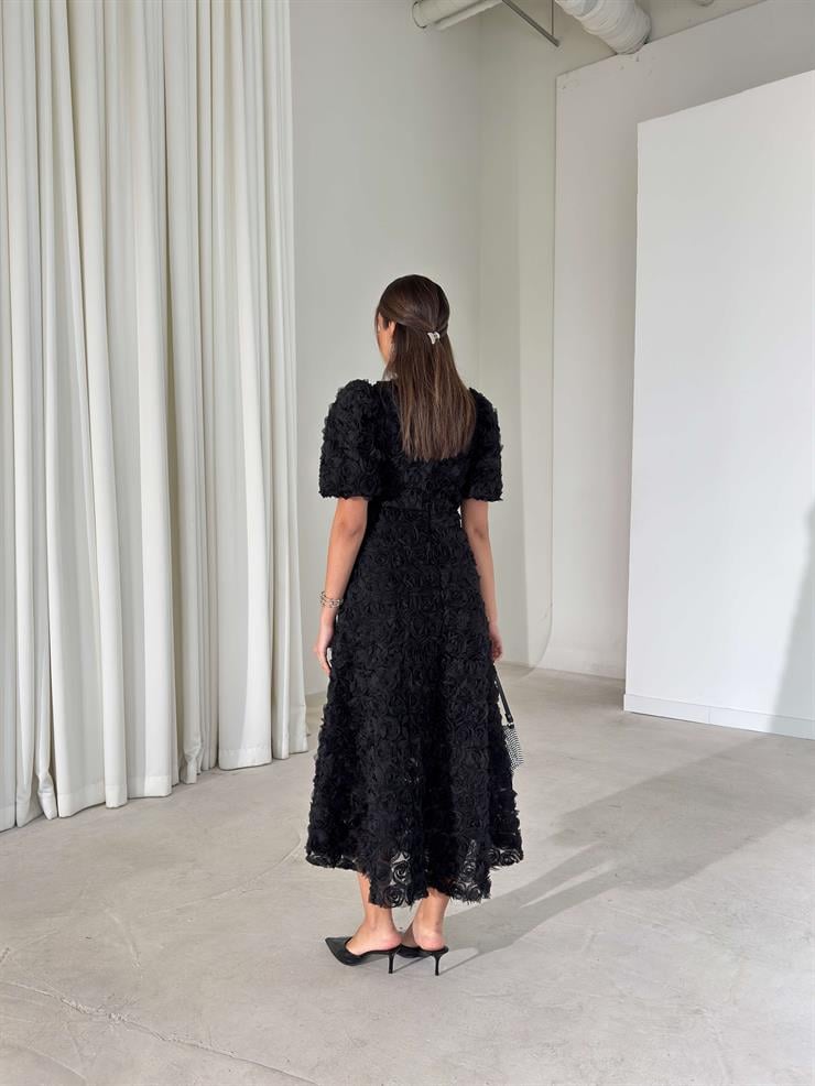 Gül Detaylı Astarlı Tül Ethereal Siyah Kadın Elbise 26K395