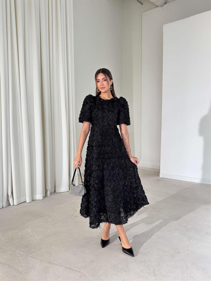 Gül Detaylı Astarlı Tül Ethereal Siyah Kadın Elbise 26K395