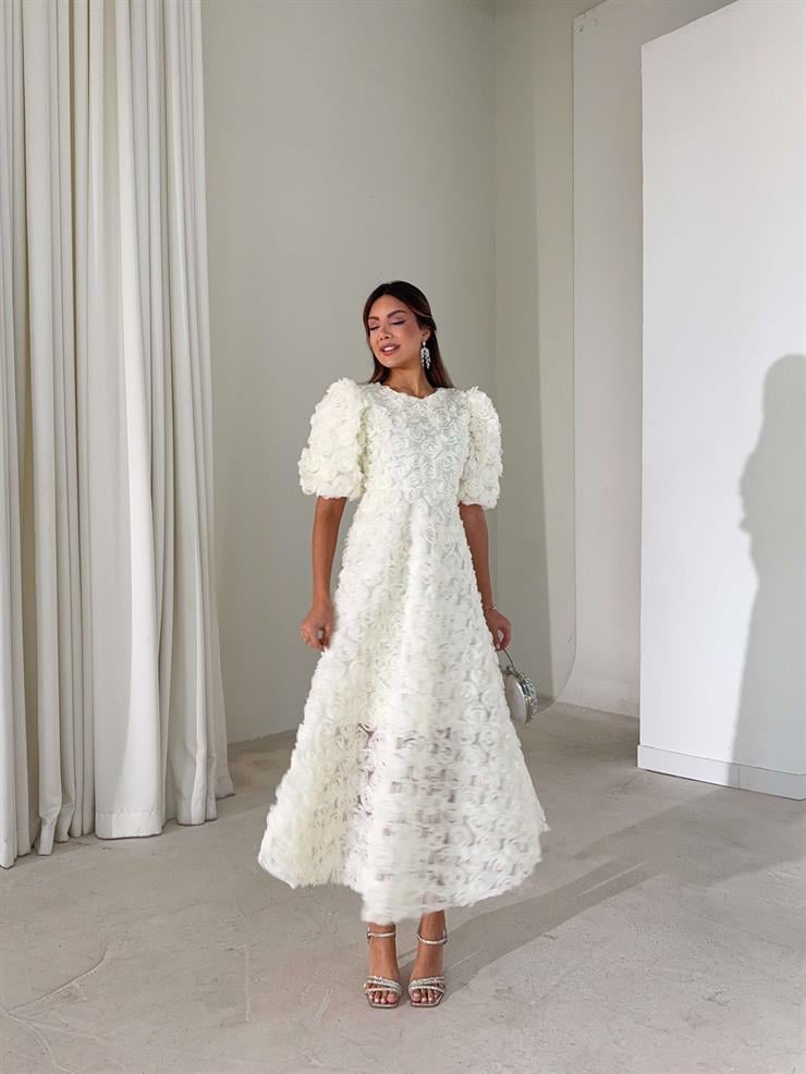 Gül Detaylı Astarlı Tül Ethereal Ekru Kadın Elbise 26K395