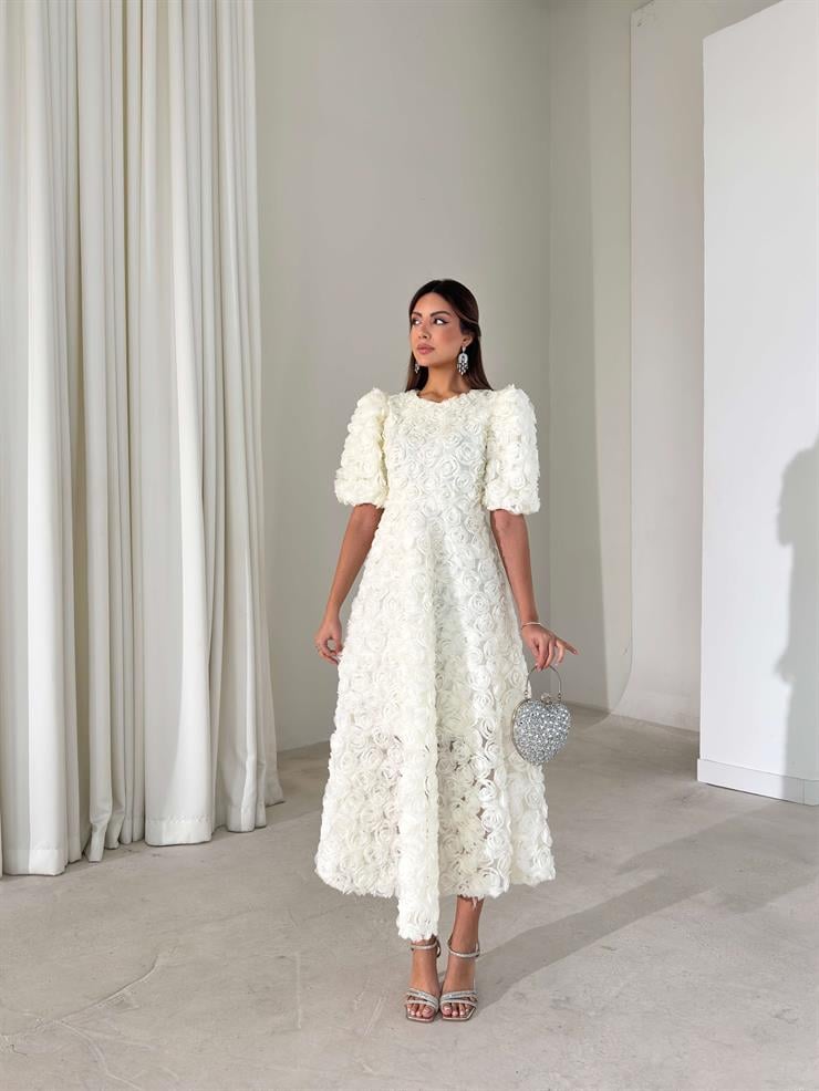 Gül Detaylı Astarlı Tül Ethereal Ekru Kadın Elbise 26K395