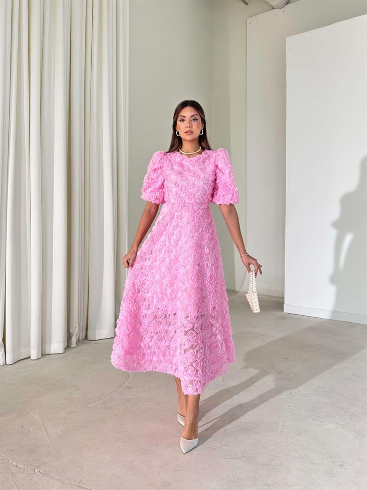 Gül Detaylı Astarlı Tül Ethereal Pembe Kadın Elbise 26K395