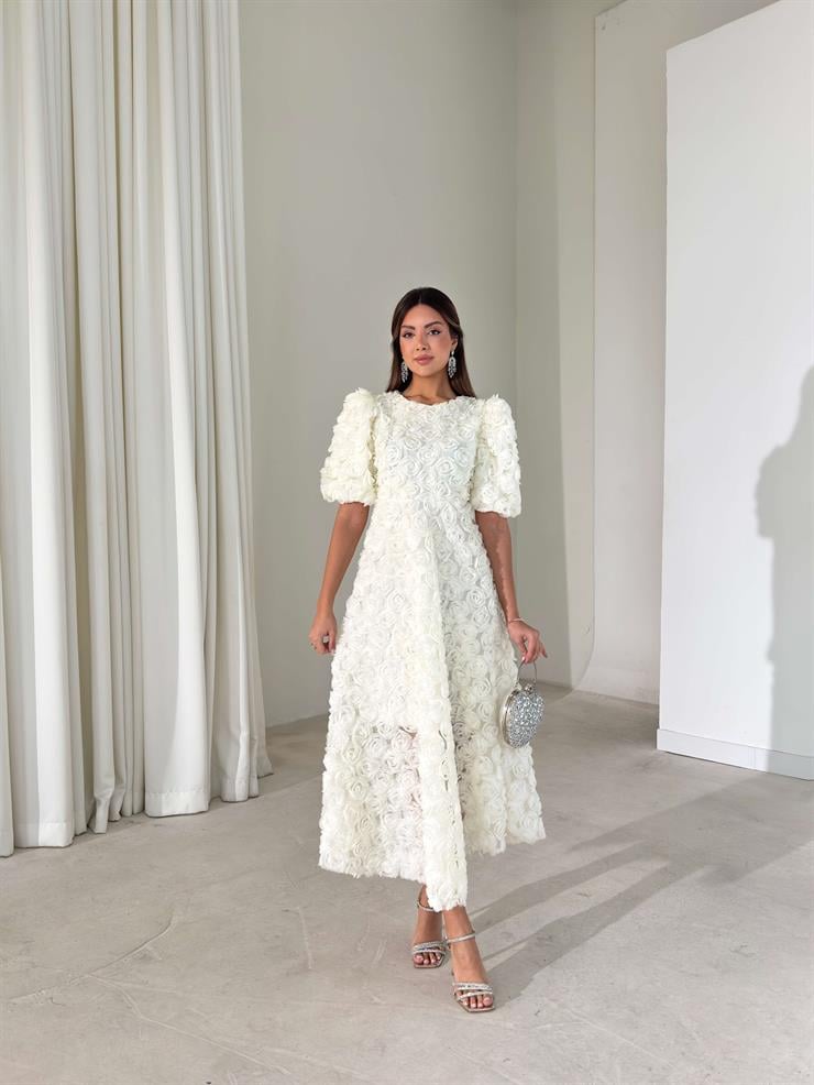 Gül Detaylı Astarlı Tül Ethereal Ekru Kadın Elbise 26K395