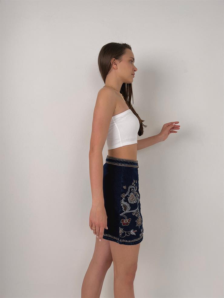 Önü Düğme Kapamalı Etnik Desenli Kadın Lacivert Mini Etek 23Y000102