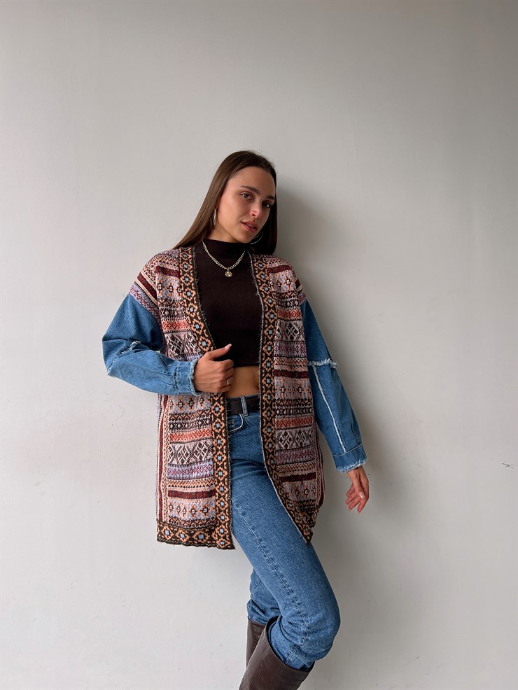 Etnik Desenli Kol Kısmı Kot Detaylı Arona Kadın Kahve Triko Hırka 23K000162