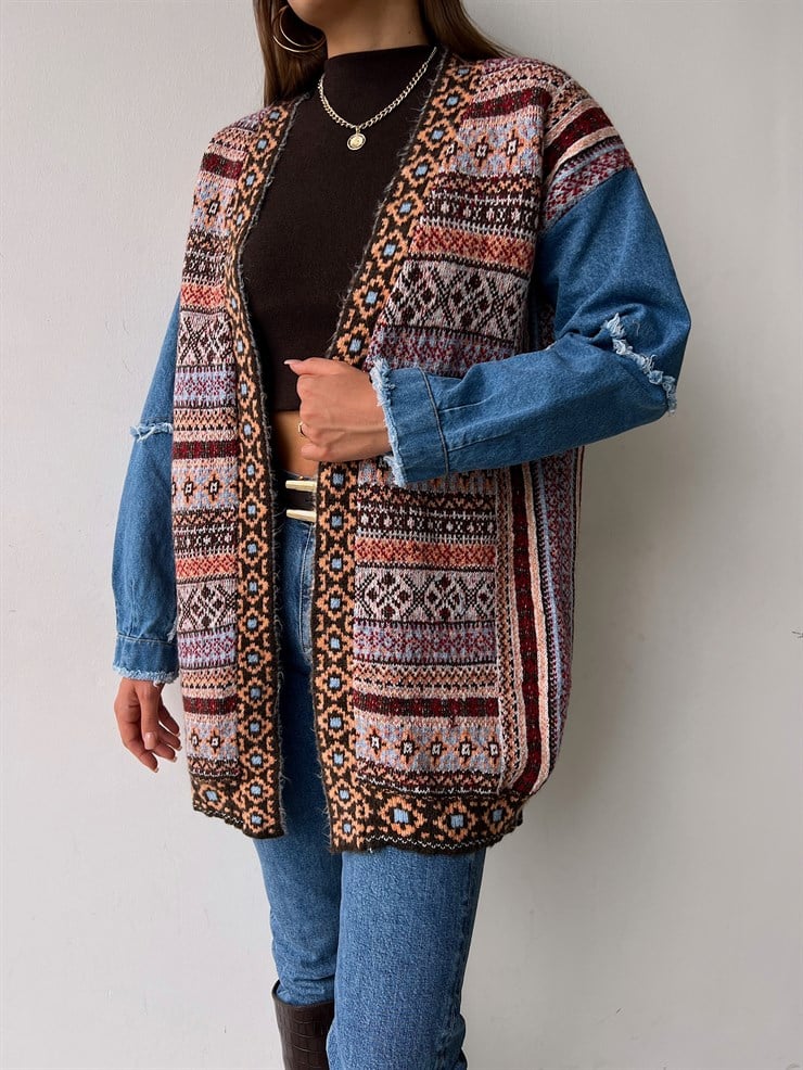 Etnik Desenli Kol Kısmı Kot Detaylı Arona Kadın Kahve Triko Hırka 23K000162