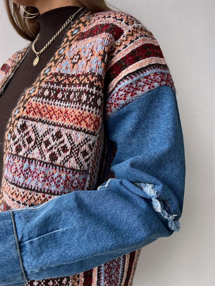 Etnik Desenli Kol Kısmı Kot Detaylı Arona Kadın Kahve Triko Hırka 23K000162