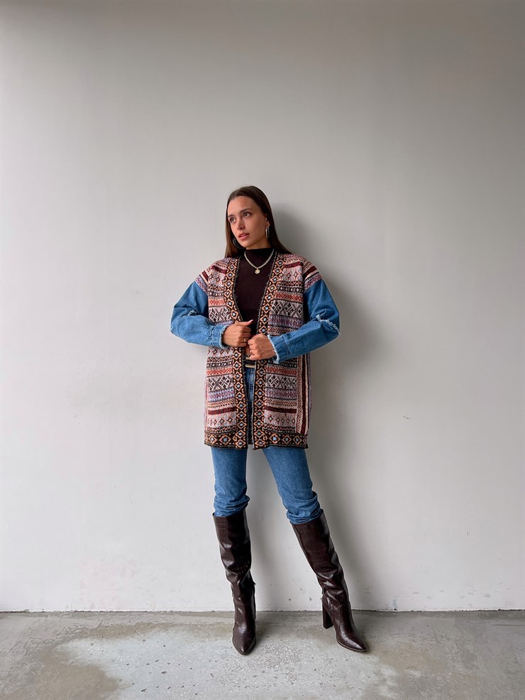 Etnik Desenli Kol Kısmı Kot Detaylı Arona Kadın Kahve Triko Hırka 23K000162