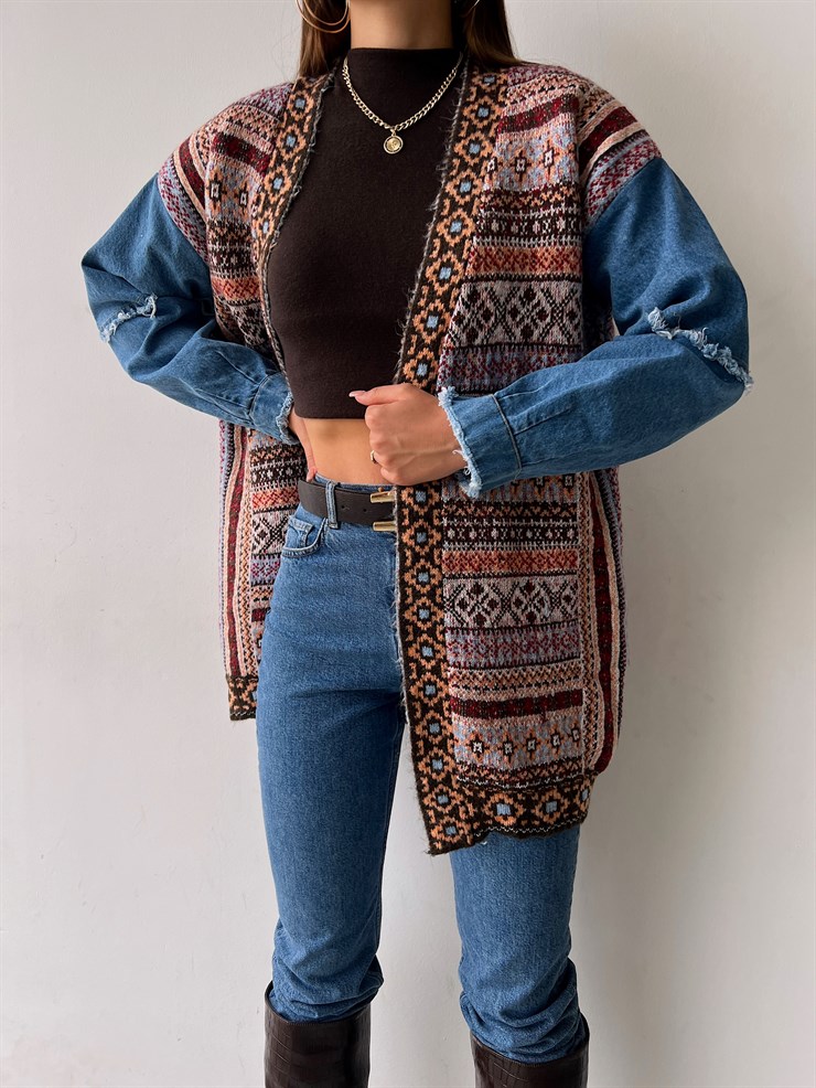 Etnik Desenli Kol Kısmı Kot Detaylı Arona Kadın Kahve Triko Hırka 23K000162