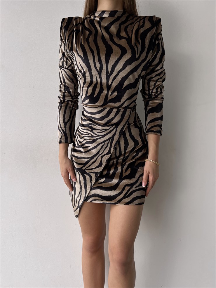 Desenli Uzun Kol Evan Kadın Bej Kısa Elbise 23K000357