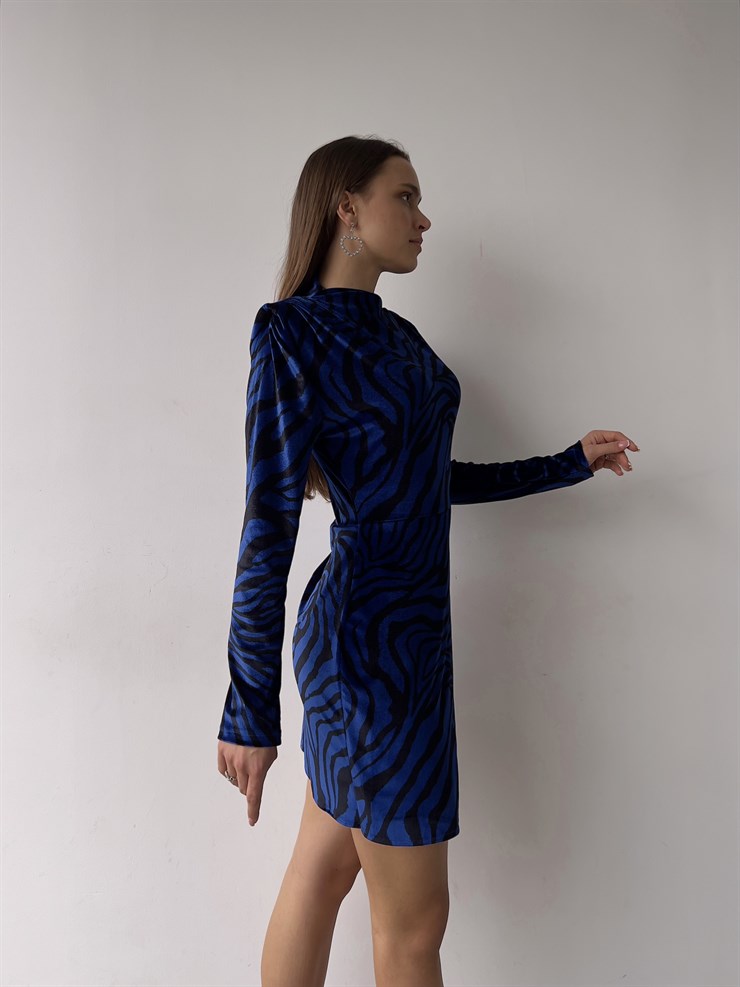 Desenli Uzun Kol Evan Kadın Saks Kısa Elbise 23K000357