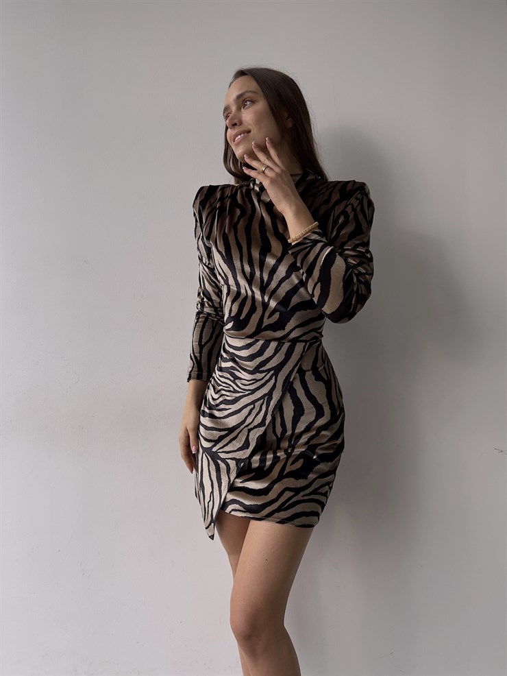 Desenli Uzun Kol Evan Kadın Bej Kısa Elbise 23K000357