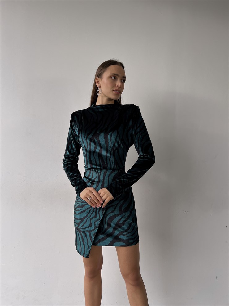 Desenli Uzun Kol Evan Kadın Zümrüt Kısa Elbise 23K000357