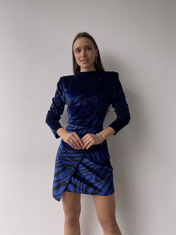 Desenli Uzun Kol Evan Kadın Saks Kısa Elbise 23K000357