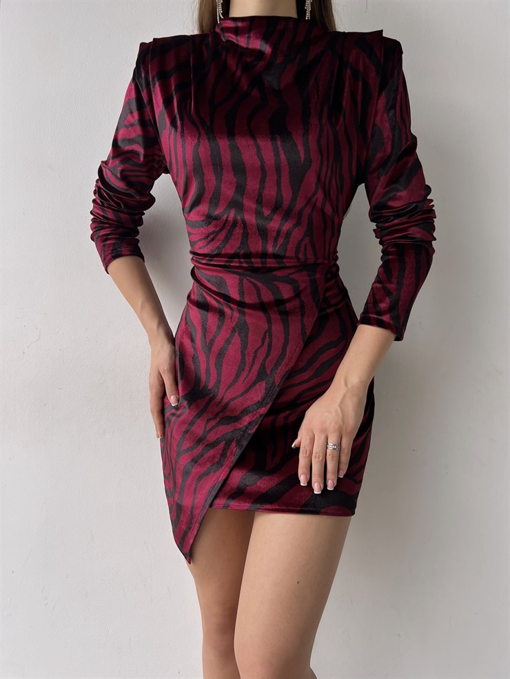 Desenli Uzun Kol Evan Kadın Bordo Kısa Elbise 23K000357