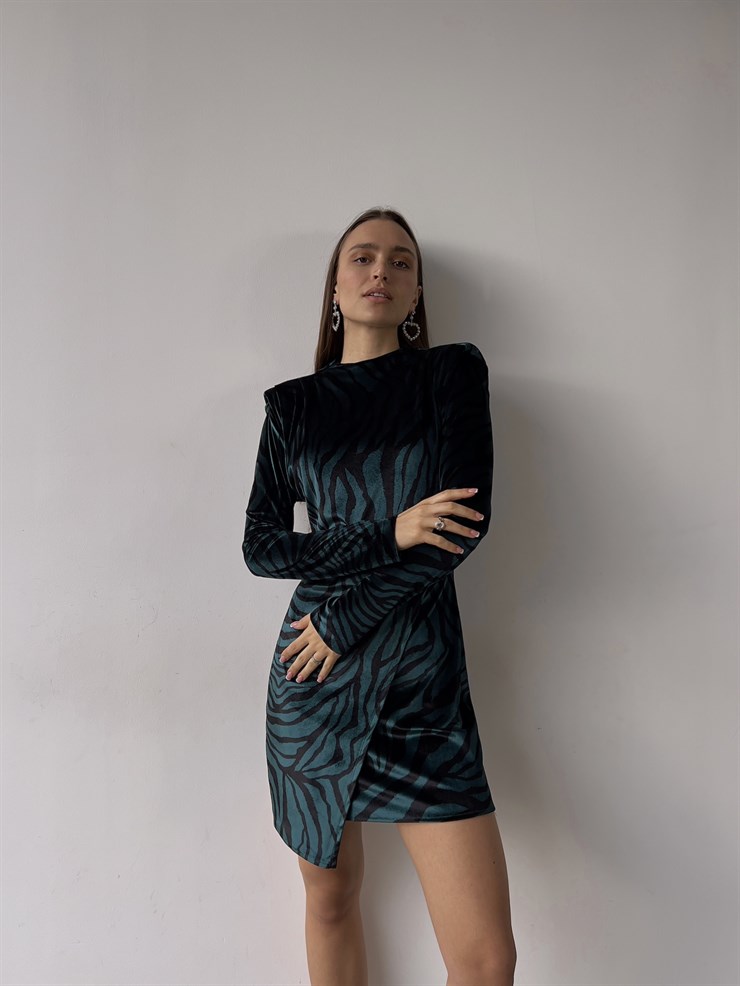 Desenli Uzun Kol Evan Kadın Zümrüt Kısa Elbise 23K000357