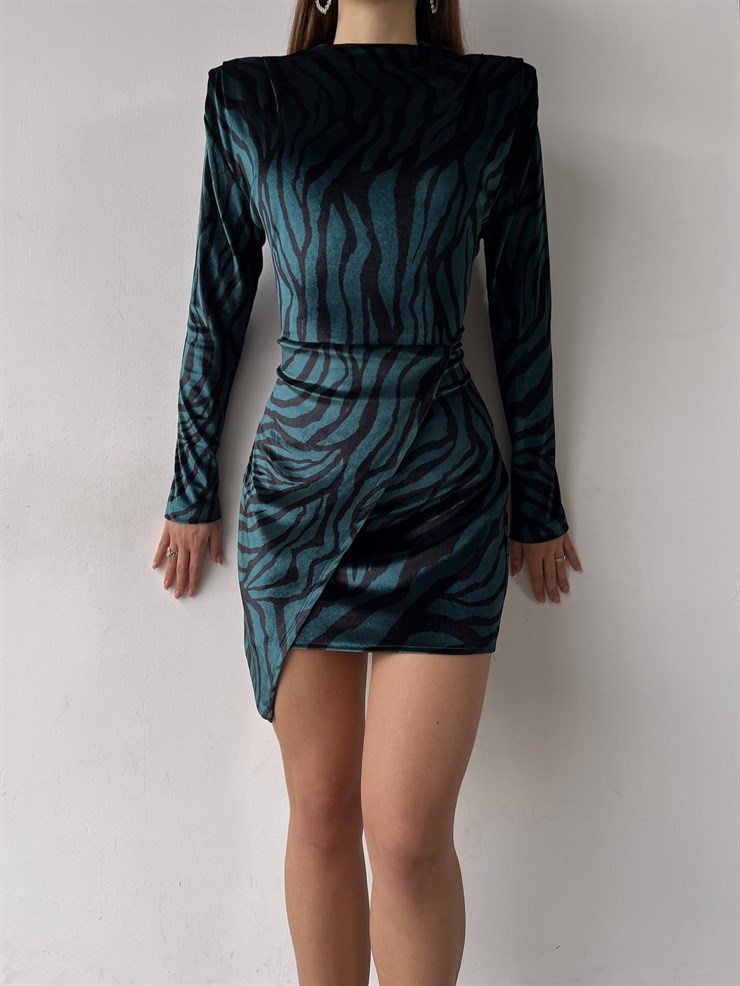 Desenli Uzun Kol Evan Kadın Zümrüt Kısa Elbise 23K000357