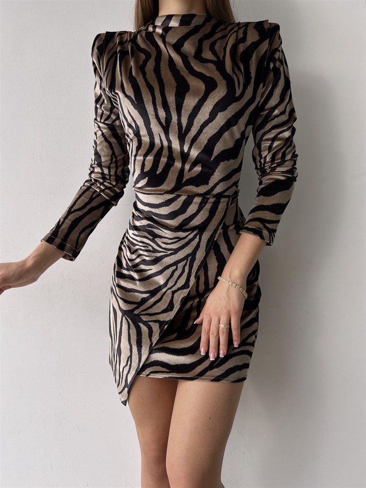 Desenli Uzun Kol Evan Kadın Bej Kısa Elbise 23K000357