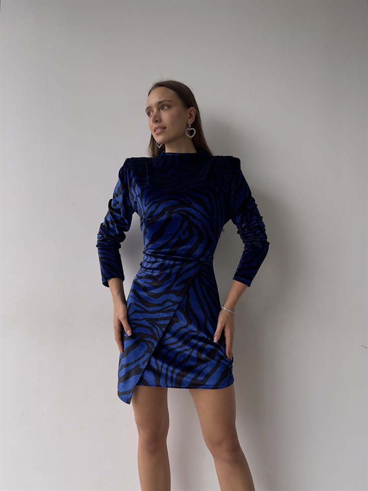 Desenli Uzun Kol Evan Kadın Saks Kısa Elbise 23K000357