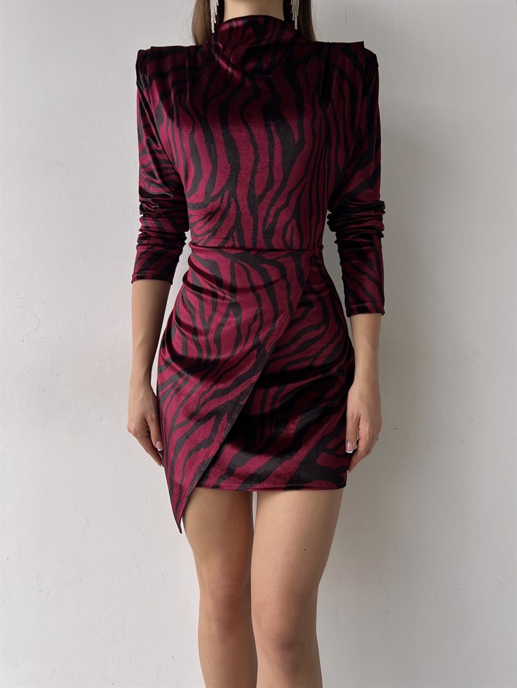 Desenli Uzun Kol Evan Kadın Bordo Kısa Elbise 23K000357