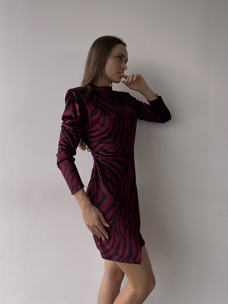 Desenli Uzun Kol Evan Kadın Bordo Kısa Elbise 23K000357