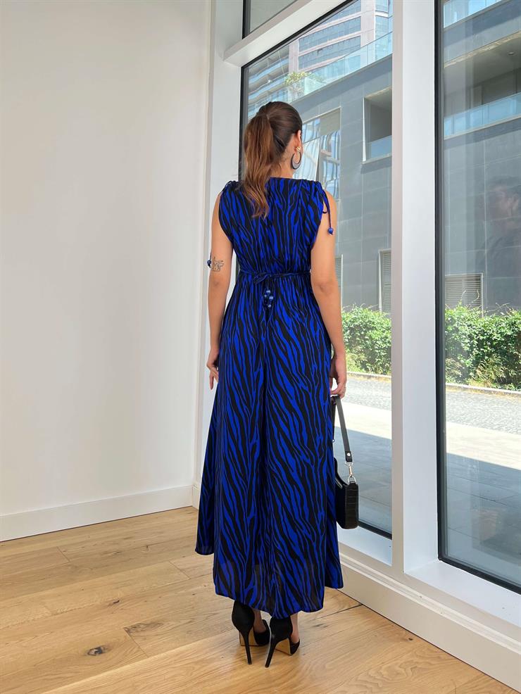 V Yaka Omuz Kısmı Büzgülü Ve Bağlamalı Evelina Kadın Desenli Saks Uzun Elbise 24Y795