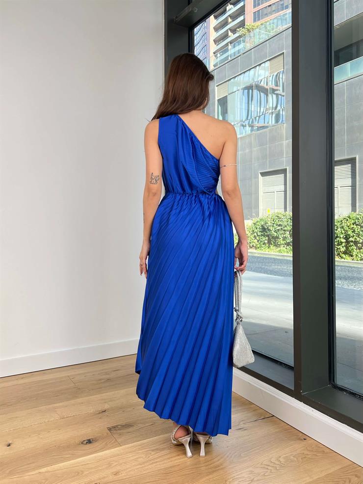 Tek Omuz Beli Pencere Detaylı Eteği Pileli Evelyn Kadın Saks Elbise 23Y000388