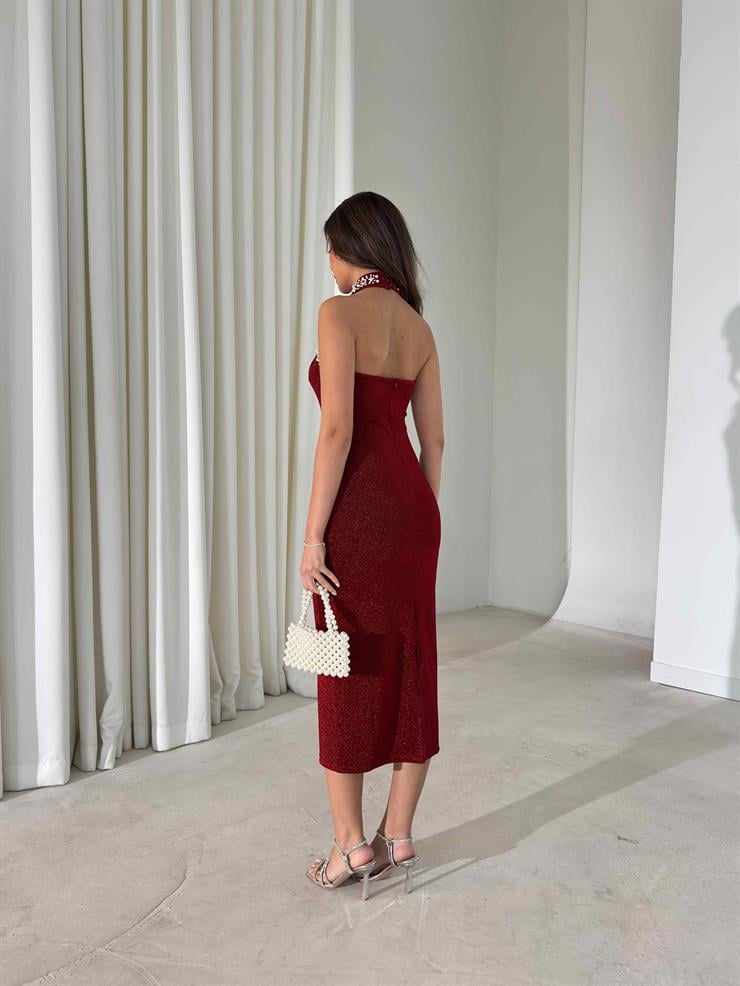 Taş Detaylı Parlak Evrin Bordo Kadın Elbise 26Y002