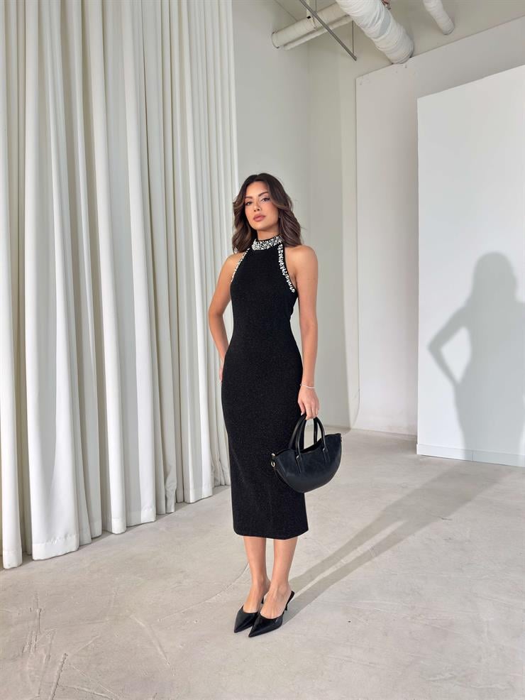 Taş Detaylı Parlak Evrin Siyah Kadın Elbise 26Y002