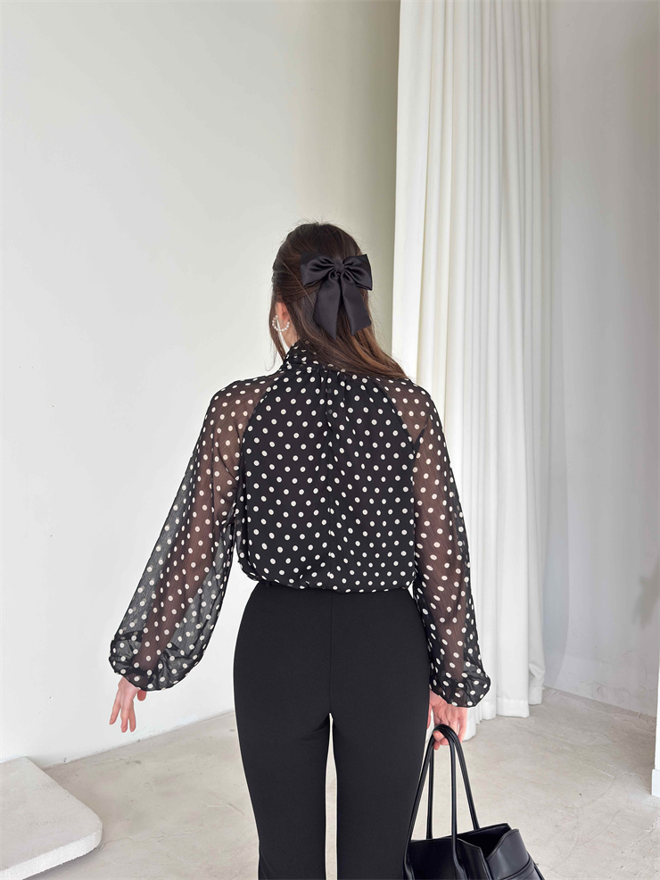 Puantiyeli Boynu Fularlı Tül Evro Siyah Kadın Bluz 26Y054