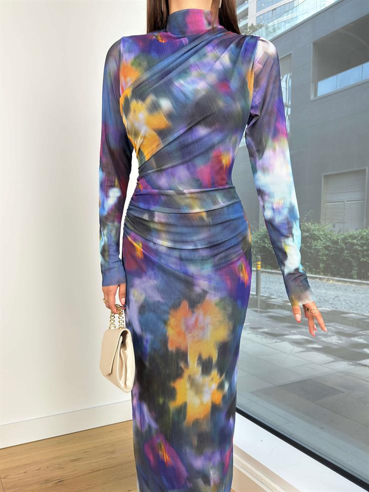 Boğazlı Uzun Kol Drapeli Eytan Kadın Desenli Mor Uzun Elbise 25K056