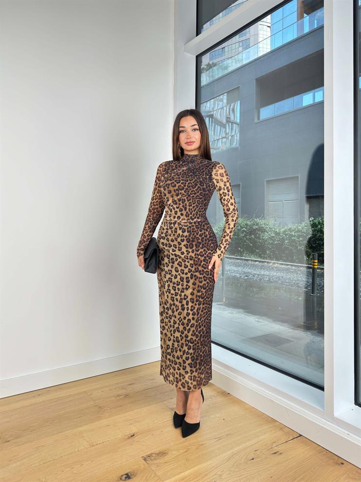 Boğazlı Uzun Kol Drapeli Eytan Kadın Leopar Desenli Uzun Elbise 25K056