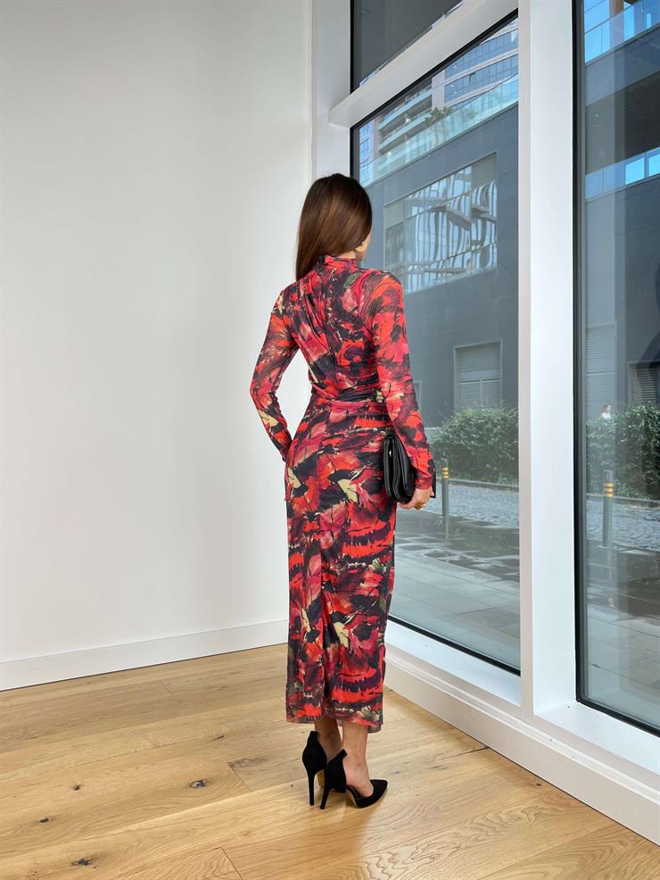 Boğazlı Uzun Kol Drapeli Eytan Kadın Desenli Bordo Uzun Elbise 25K056