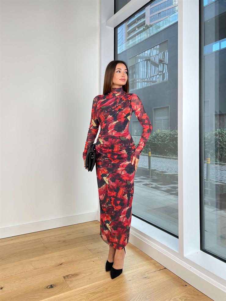 Boğazlı Uzun Kol Drapeli Eytan Kadın Desenli Bordo Uzun Elbise 25K056