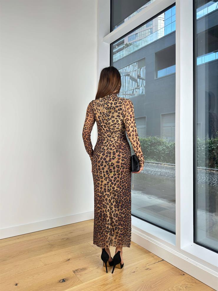 Boğazlı Uzun Kol Drapeli Eytan Kadın Leopar Desenli Uzun Elbise 25K056