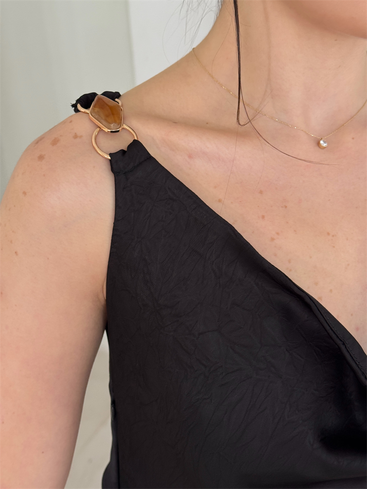 Aksesuar Detaylı Sırtı İp Ve Degaje Detaylı Siyah Midi Fabiola Kadın Elbise 26Y135