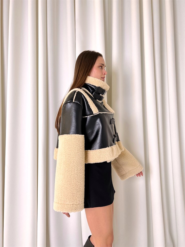 İçi Ve Kol Kısmı Kürklü Kemer Detaylı Fade Kadın Siyah Vegan Deri Kısa Mont 23K000456