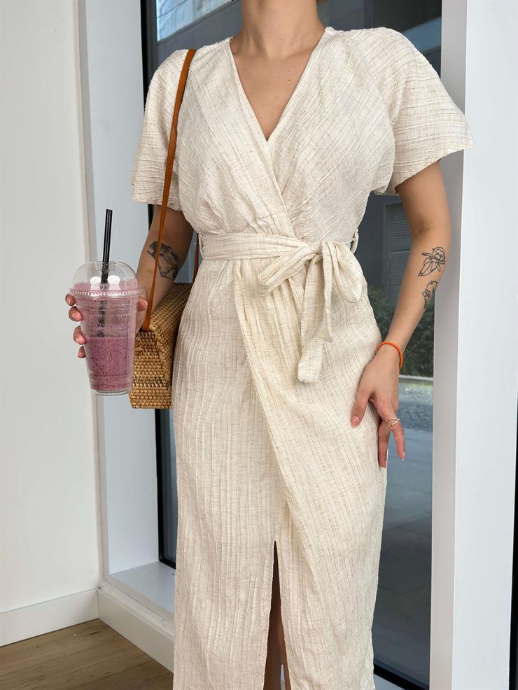 Kısa Kol V Yaka Eteği Kruvze Fadi Bel Bağlamalı Kadın Natural Elbise 24Y393