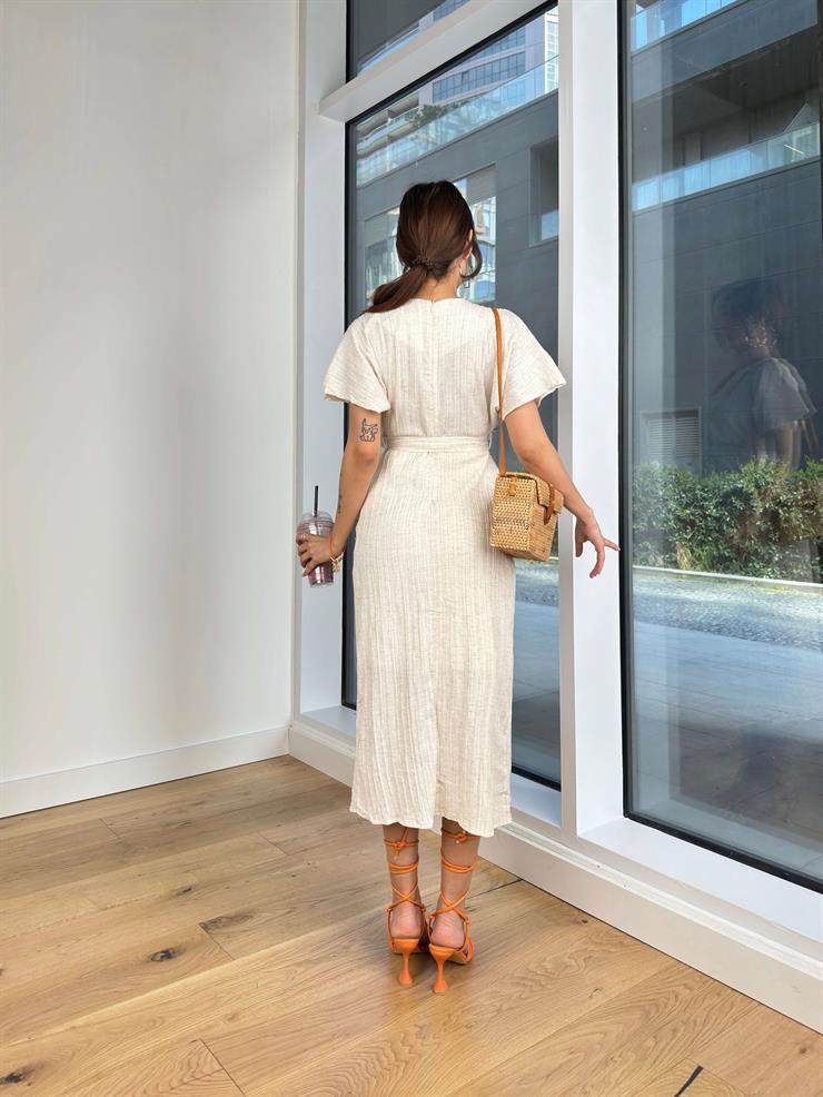 Kısa Kol V Yaka Eteği Kruvze Fadi Bel Bağlamalı Kadın Natural Elbise 24Y393