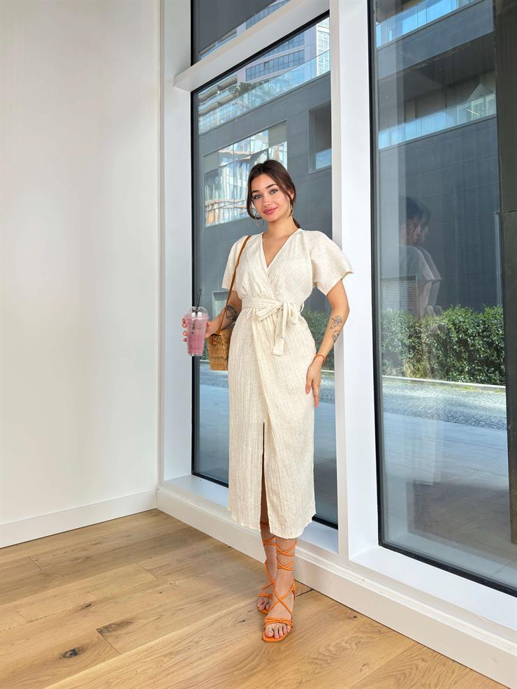 Kısa Kol V Yaka Eteği Kruvze Fadi Bel Bağlamalı Kadın Natural Elbise 24Y393