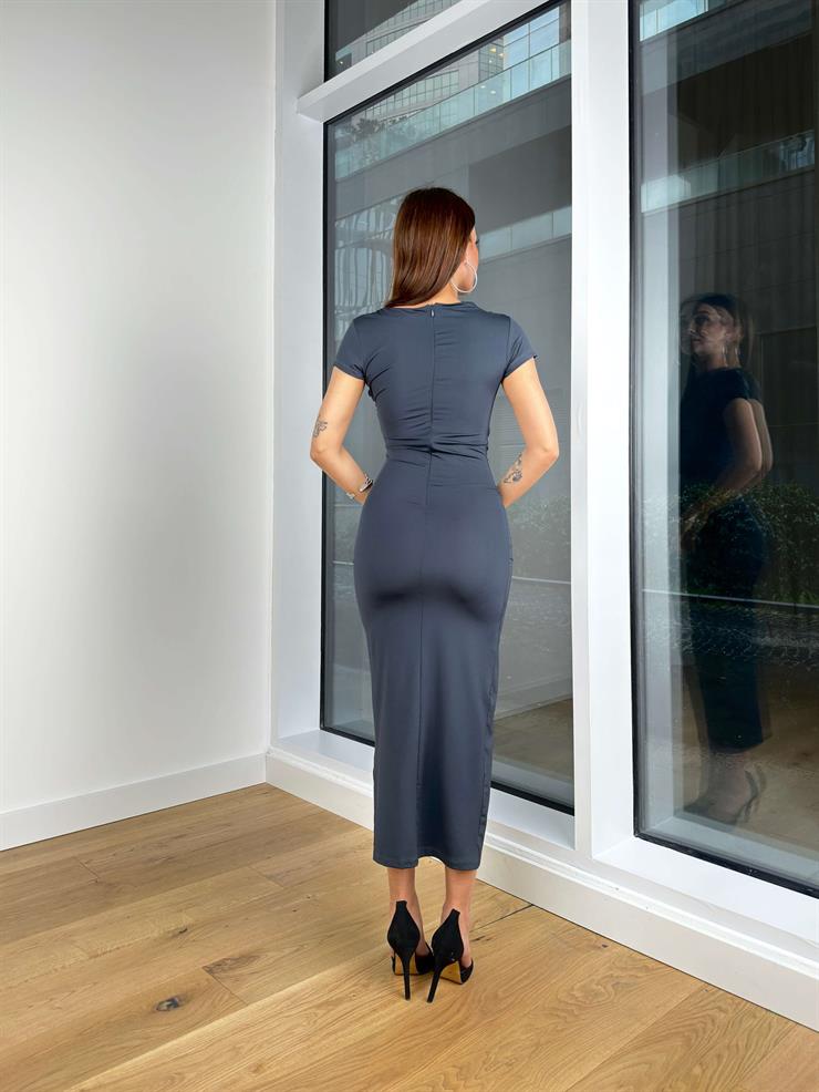 Kısa Kol Drape Detaylı Faguuim Kadın Antrasit Elbise 24Y140