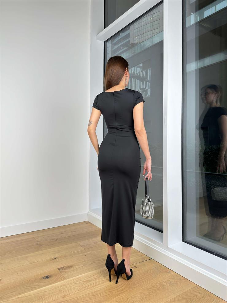 Kısa Kol Drape Detaylı Faguuim Kadın Siyah Elbise 24Y140