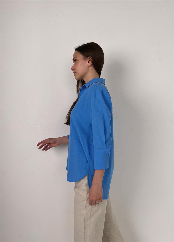 Fakir Kol Keten Kadın Mavi Gömlek 23Y000083
